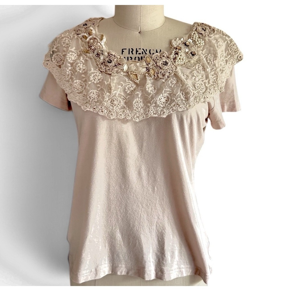 Antica Sartoria Giacomo Cinque Top M Blush Cream Beaded Lace Crochet Boho Tee